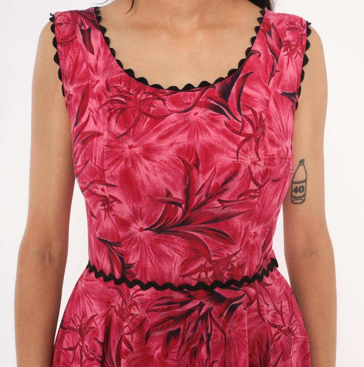 60s Tropical Floral A-Line Dress Pink Black Ric Rac Cotton Small