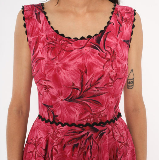 60s Tropical Floral A-Line Dress Pink Black Ric Rac Cotton Small