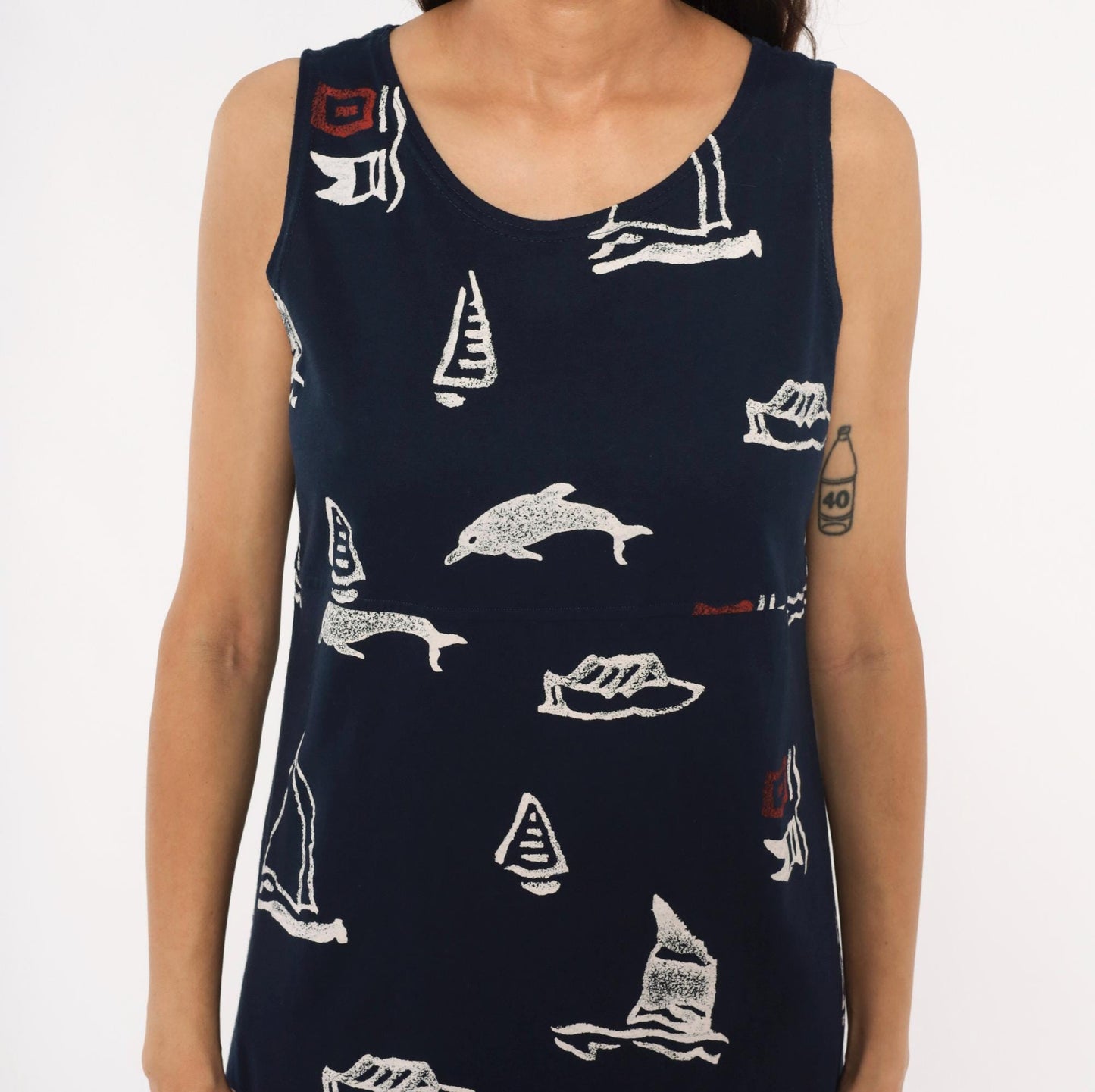 90s Copa Cabana Navy Nautical Maxi Dress Sailboat Dolphin Print Medium