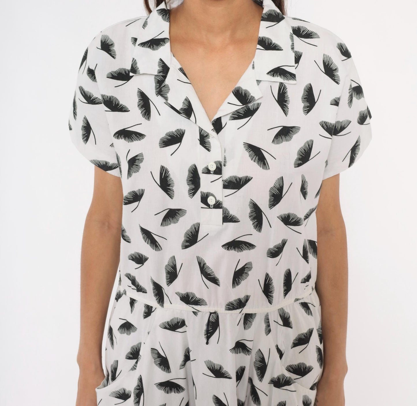 80s Lady Carol Feather Print Shirtdress White Black Cotton Midi Large L