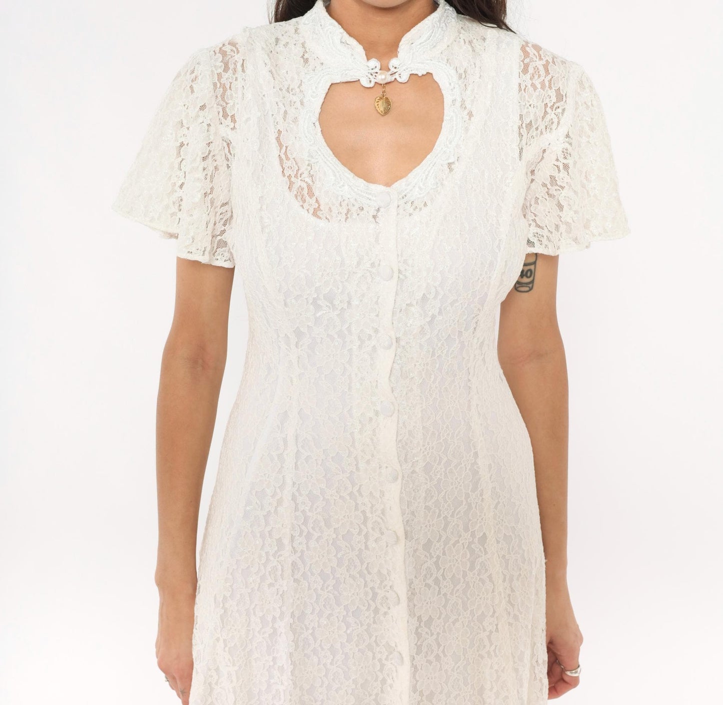 90s Jody White Lace Midi Dress Heart Cutout Mandarin Collar Small