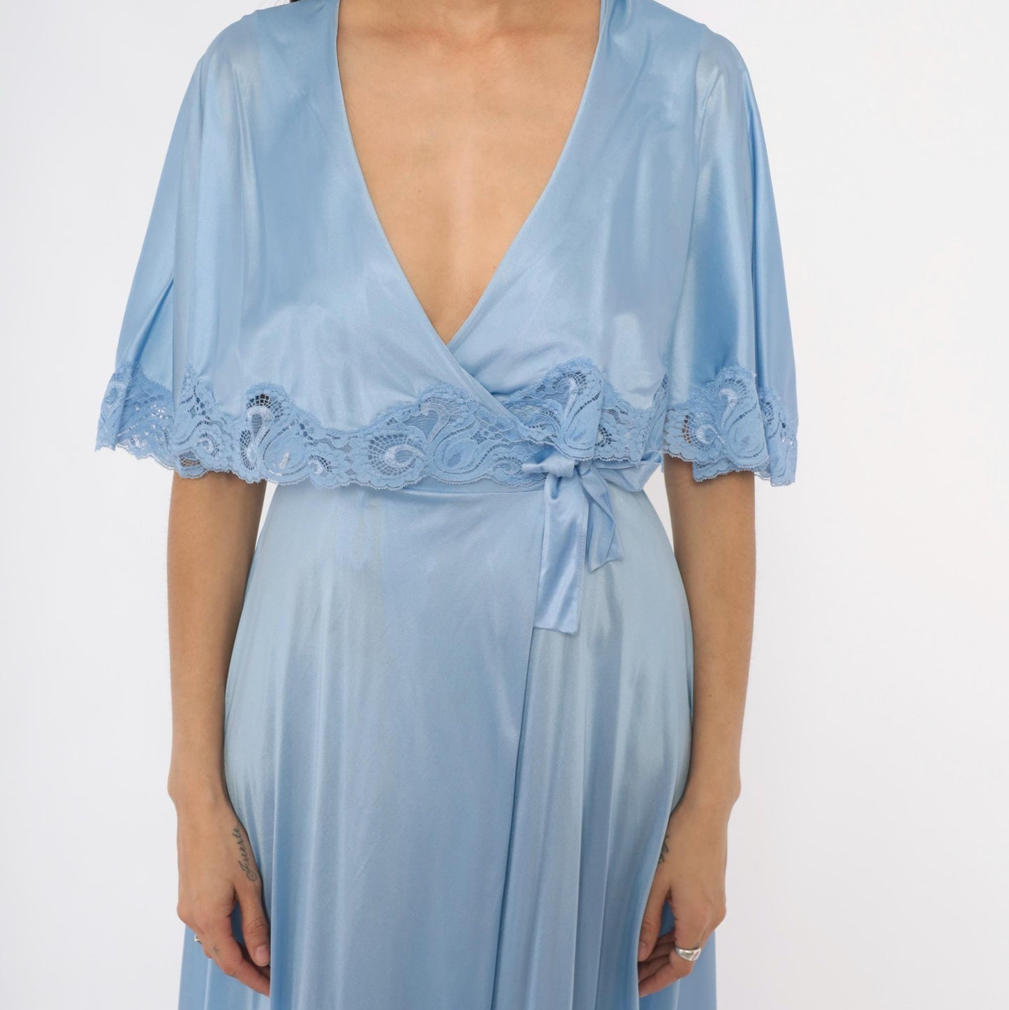 70s Lily of France Powder Blue Maxi Robe Wrap Nylon Lace Trim Small S