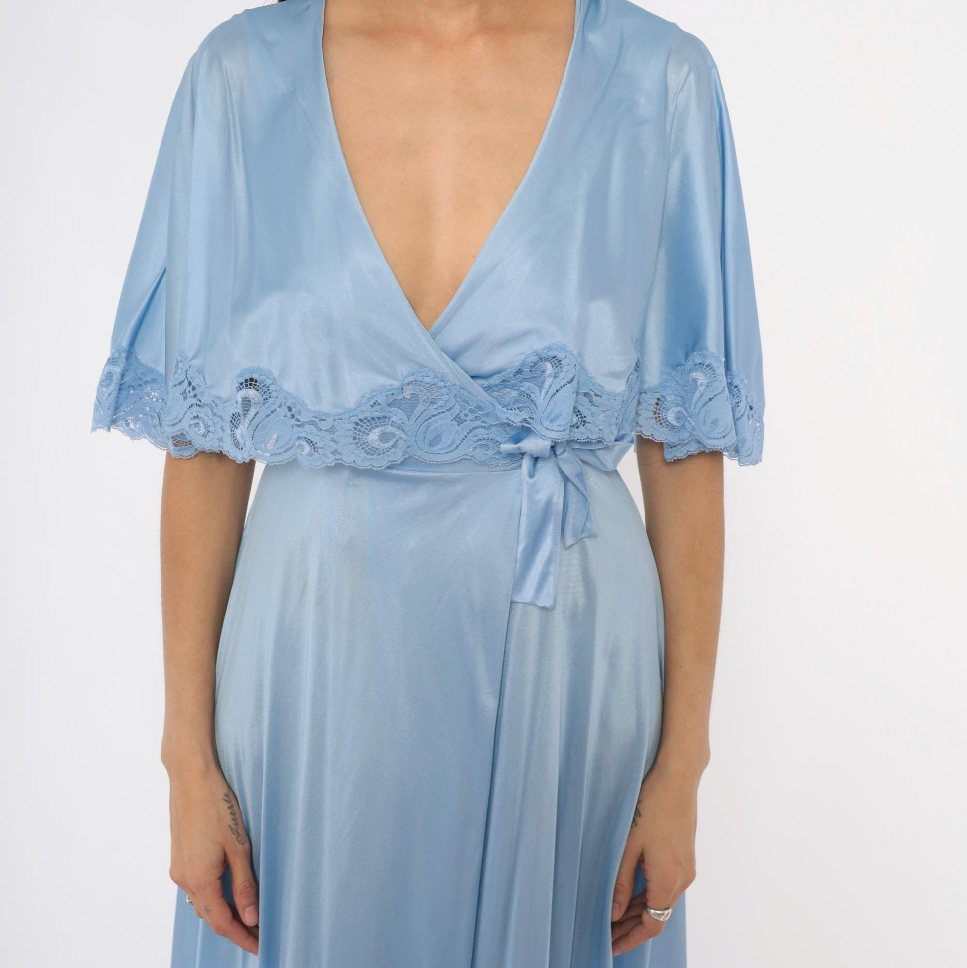 70s Lily of France Powder Blue Maxi Robe Wrap Nylon Lace Trim Small S