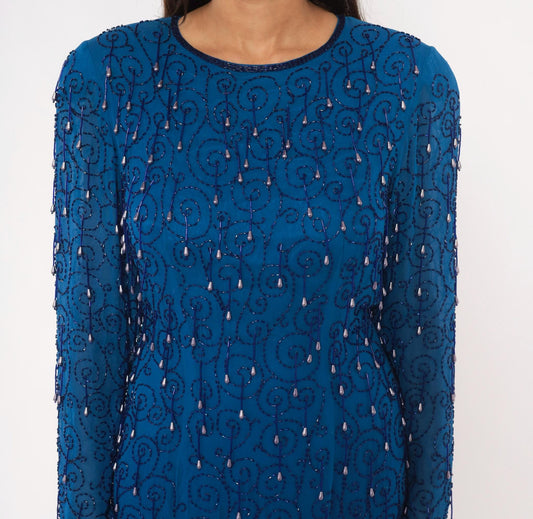 90s Cobalt Blue Beaded Knee-Length Dress Open Back Long Sleeve Large L