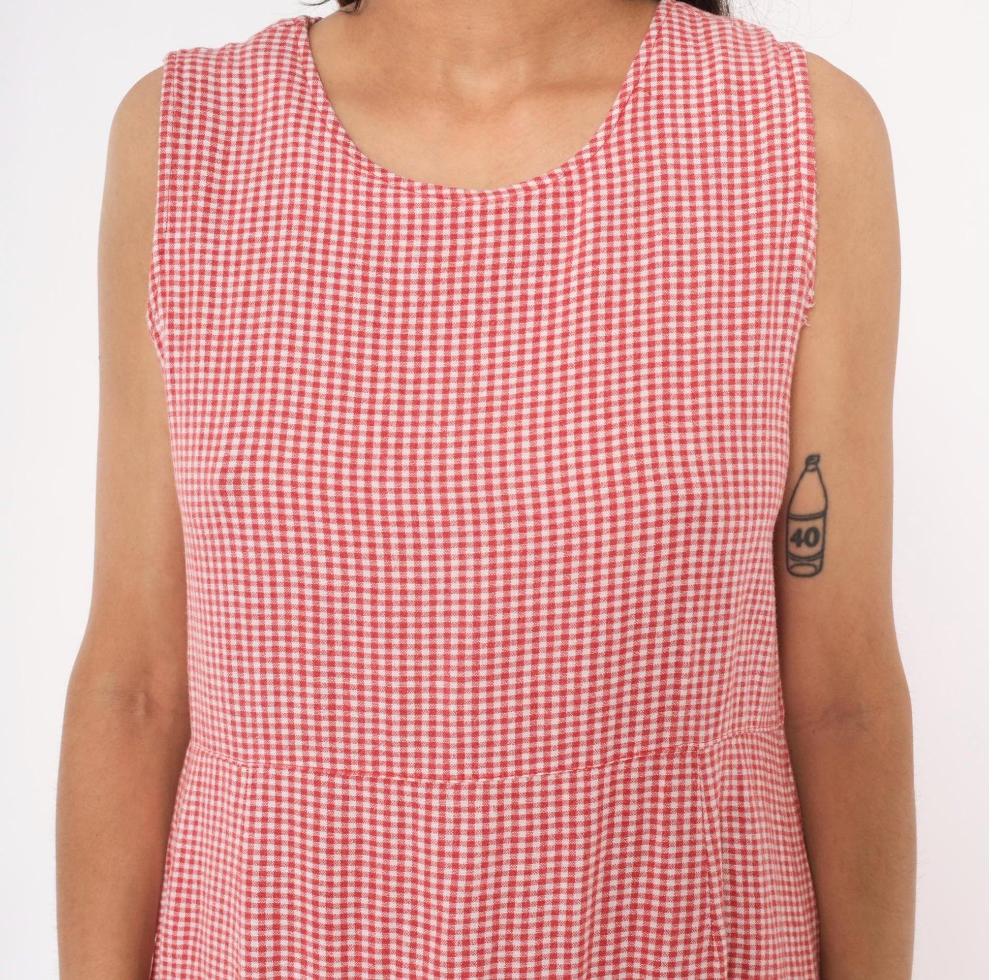 80s Country Wear Gingham Midi Dress Red White Embroidered Scalloped Petite Large