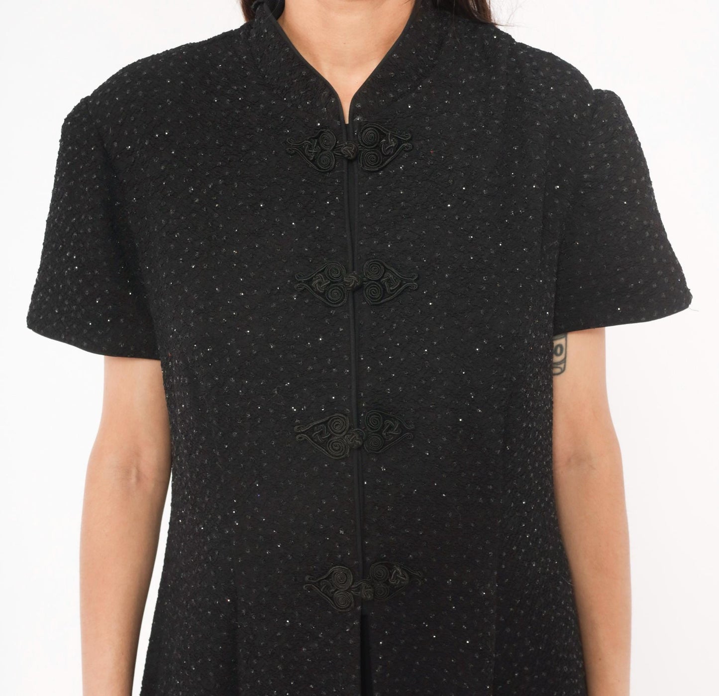 90s R&M Richards Black Glitter Cheongsam Midi Dress Frog Closure Mandarin Collar Extra Large