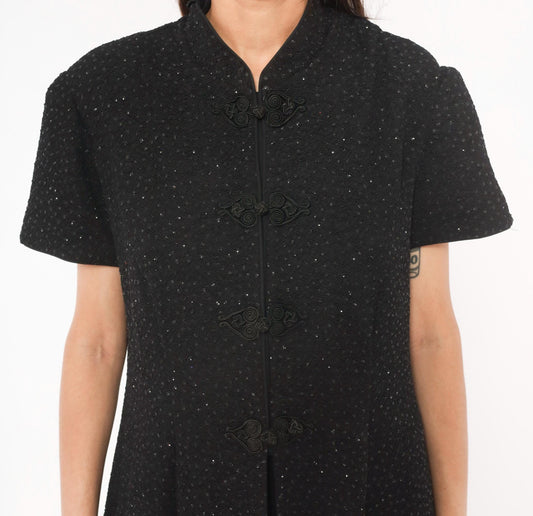 90s R&M Richards Black Glitter Cheongsam Midi Dress Frog Closure Mandarin Collar Extra Large
