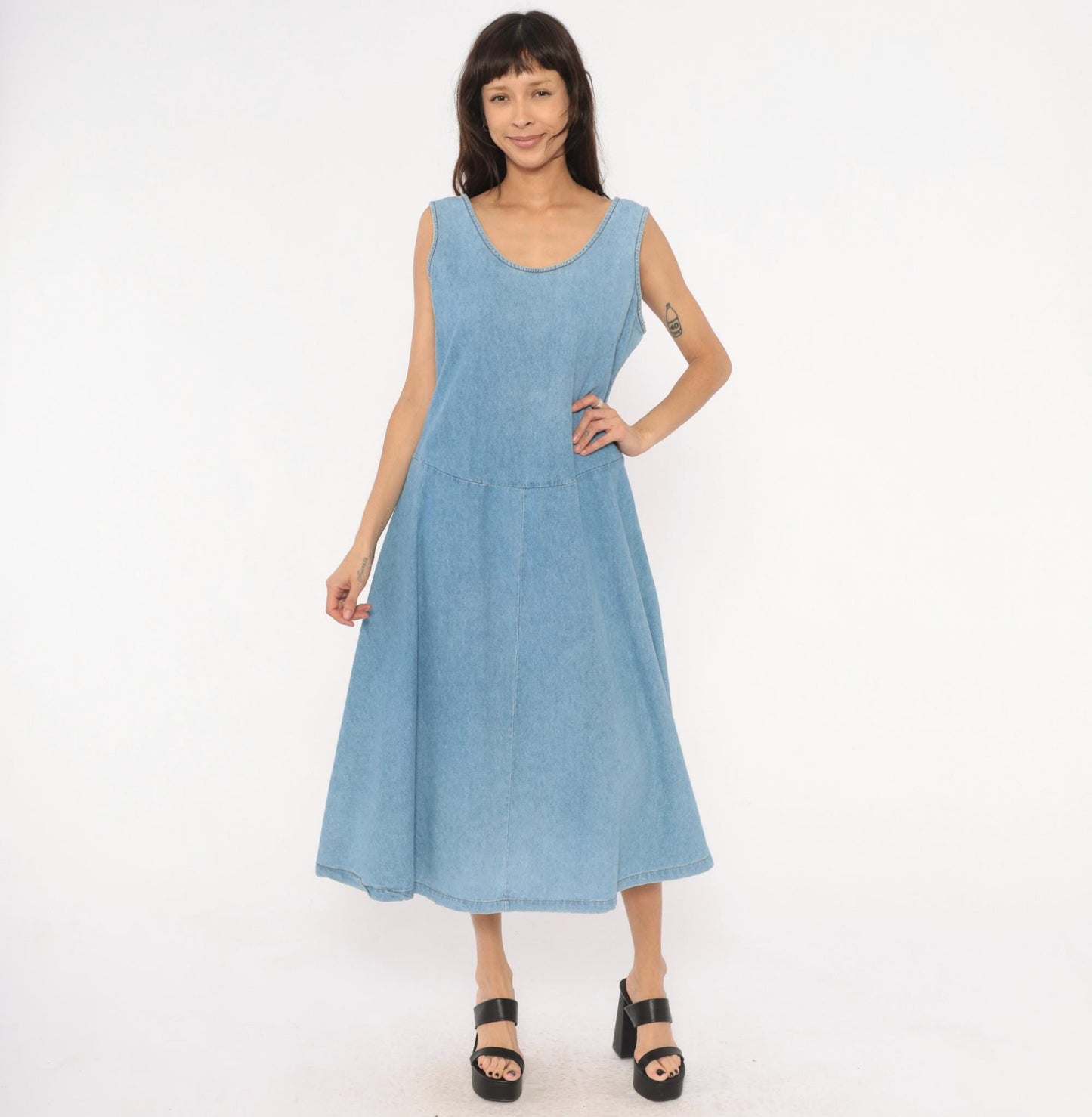 90s Splendid Light Blue Denim Midi Sundress Open Back Medium M