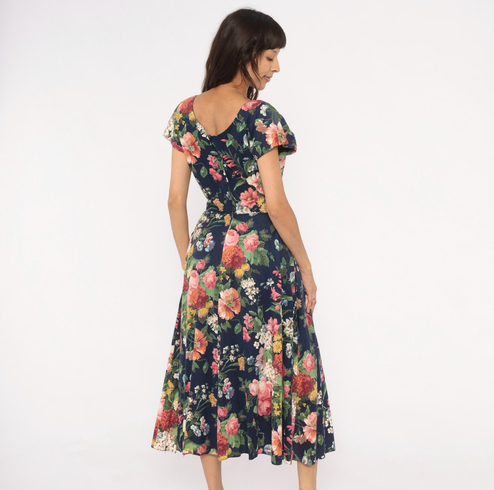 90s E.D. Michaels Floral Midi Dress Navy Cotton Garden Print Scoop Back Small
