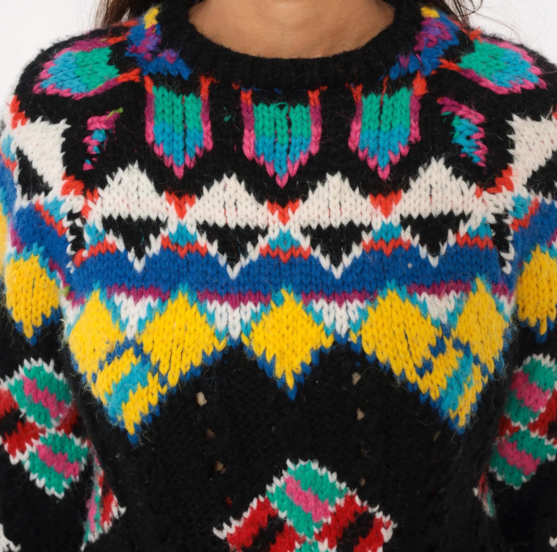90s Kitty Hawk Fair Isle Sweater Black Multicolor Diamond Pullover Small S