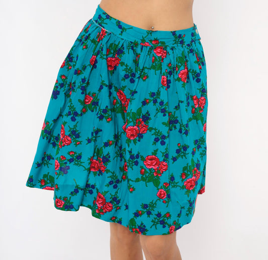 70s Teal Floral Cotton Mini Skirt High-Waisted A-Line Button Back Small S