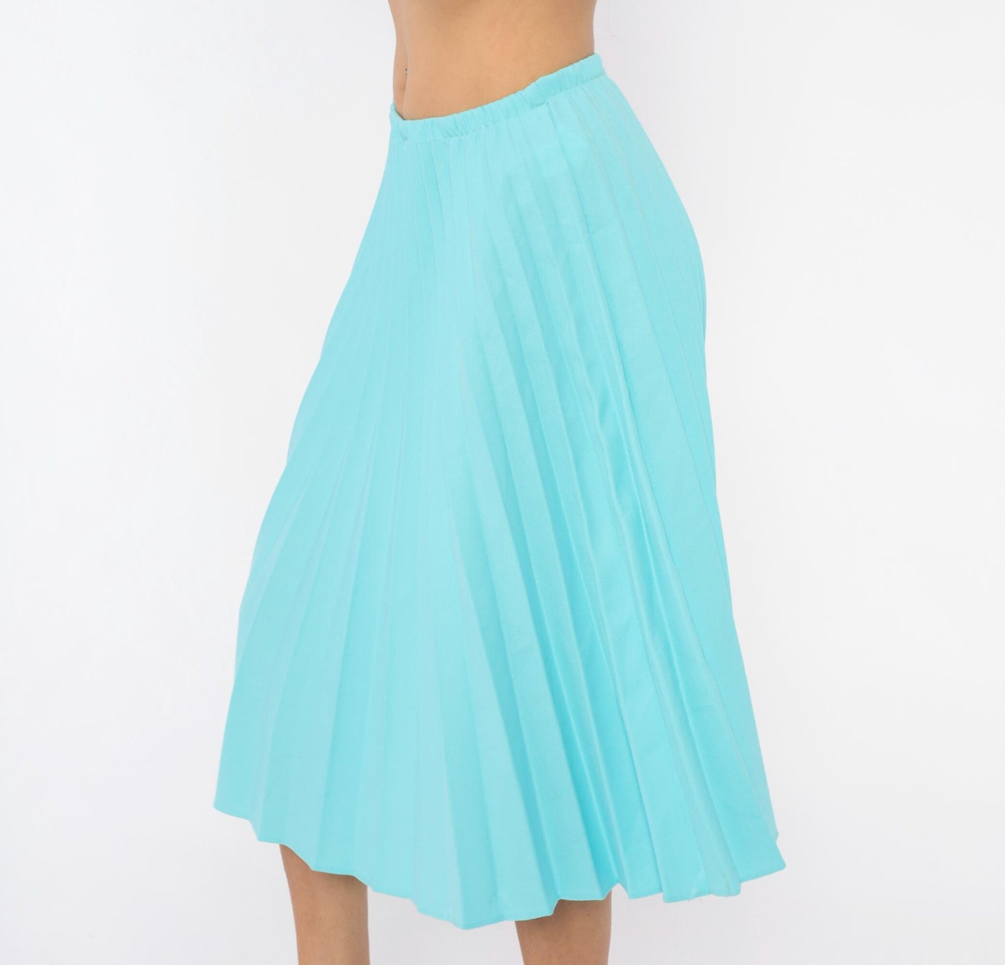70s Aqua Pleated Midi Skirt Accordion Knife Pleat A-Line Sky Blue Small Medium