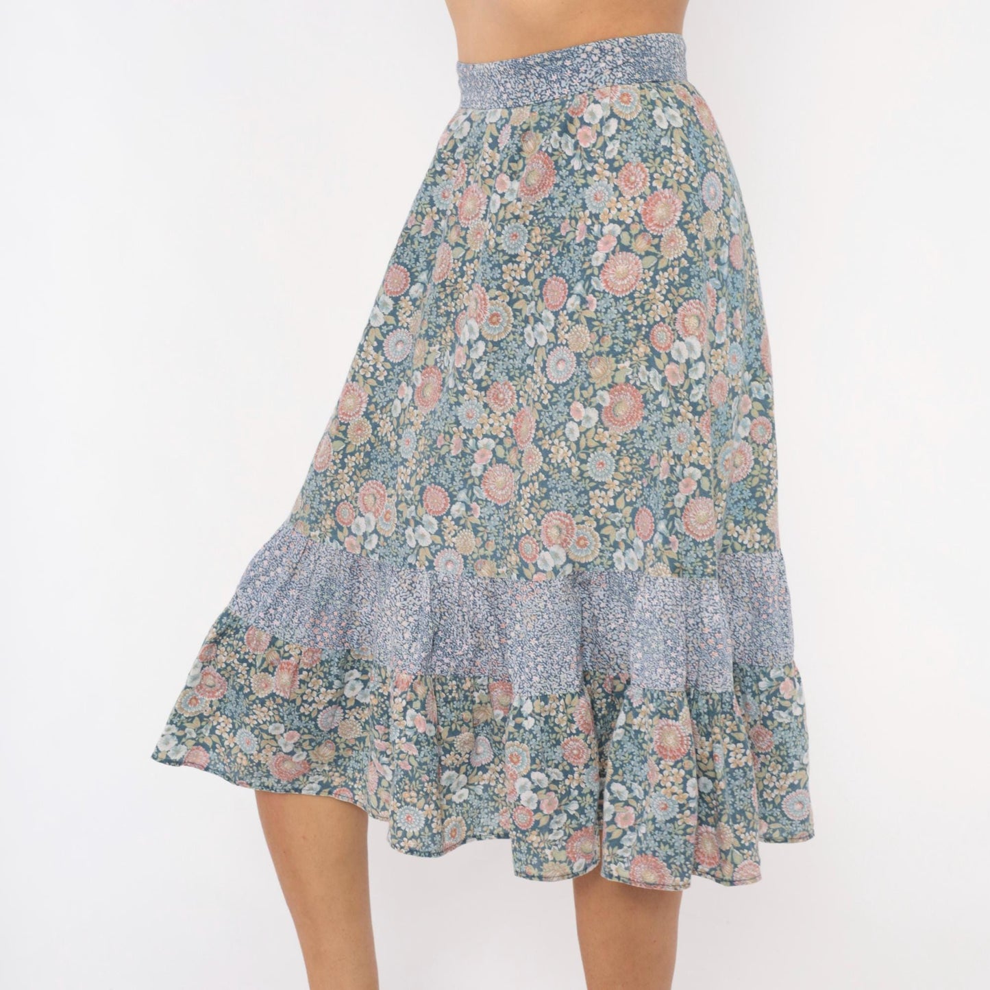 70s Floral Prairie Skirt Cotton Tiered Ruffle Dusty Blue Pink Extra Small XS