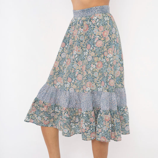 70s Floral Prairie Skirt Cotton Tiered Ruffle Dusty Blue Pink Extra Small XS