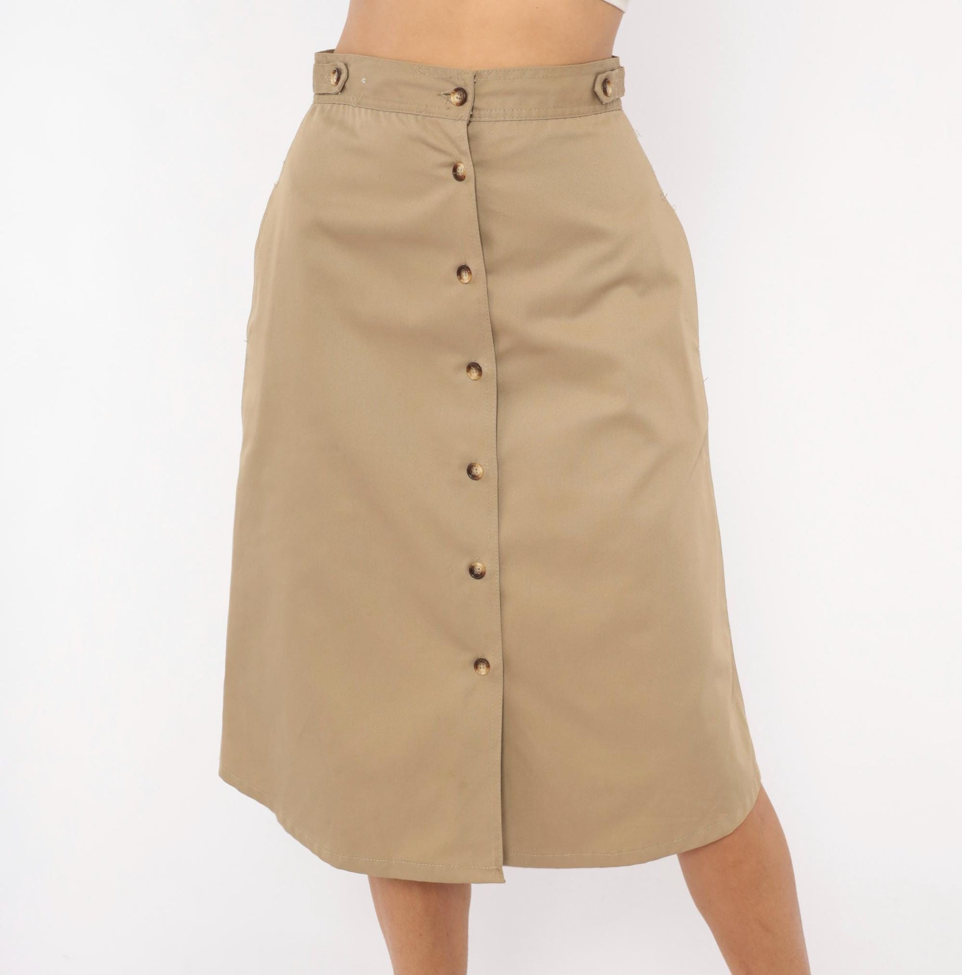 80s Bear It Khaki A-Line Midi Skirt Button Front Cotton Tan Small S