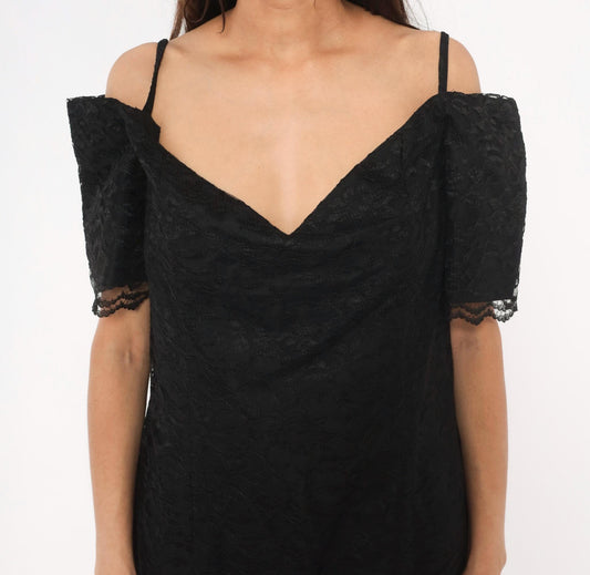 90s Victoria Stephens Black Lace Cold Shoulder Dress Knee Length Large L