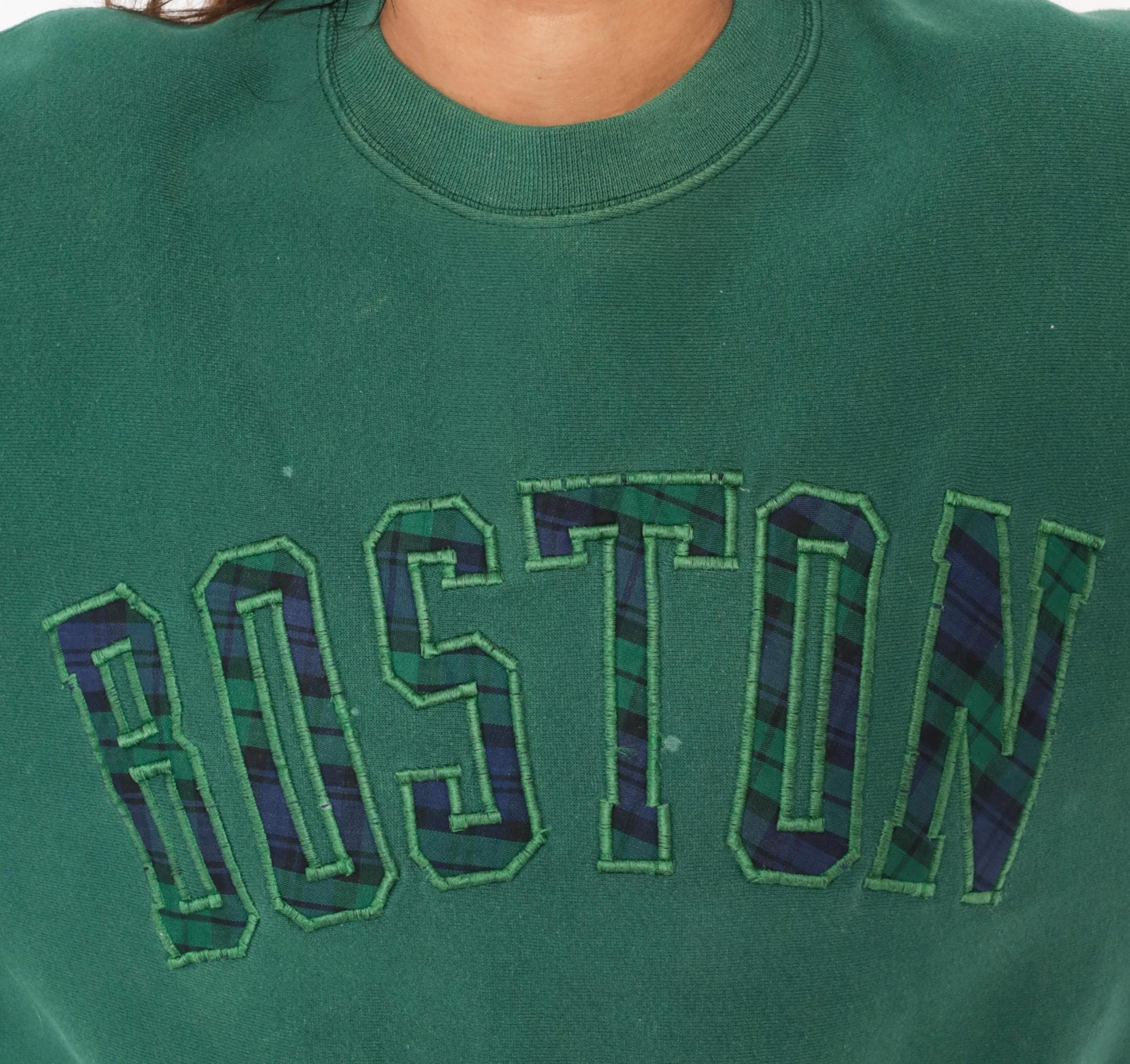 90s Boston Crewneck Sweatshirt Plaid Applique Forest Green Extra Large XL