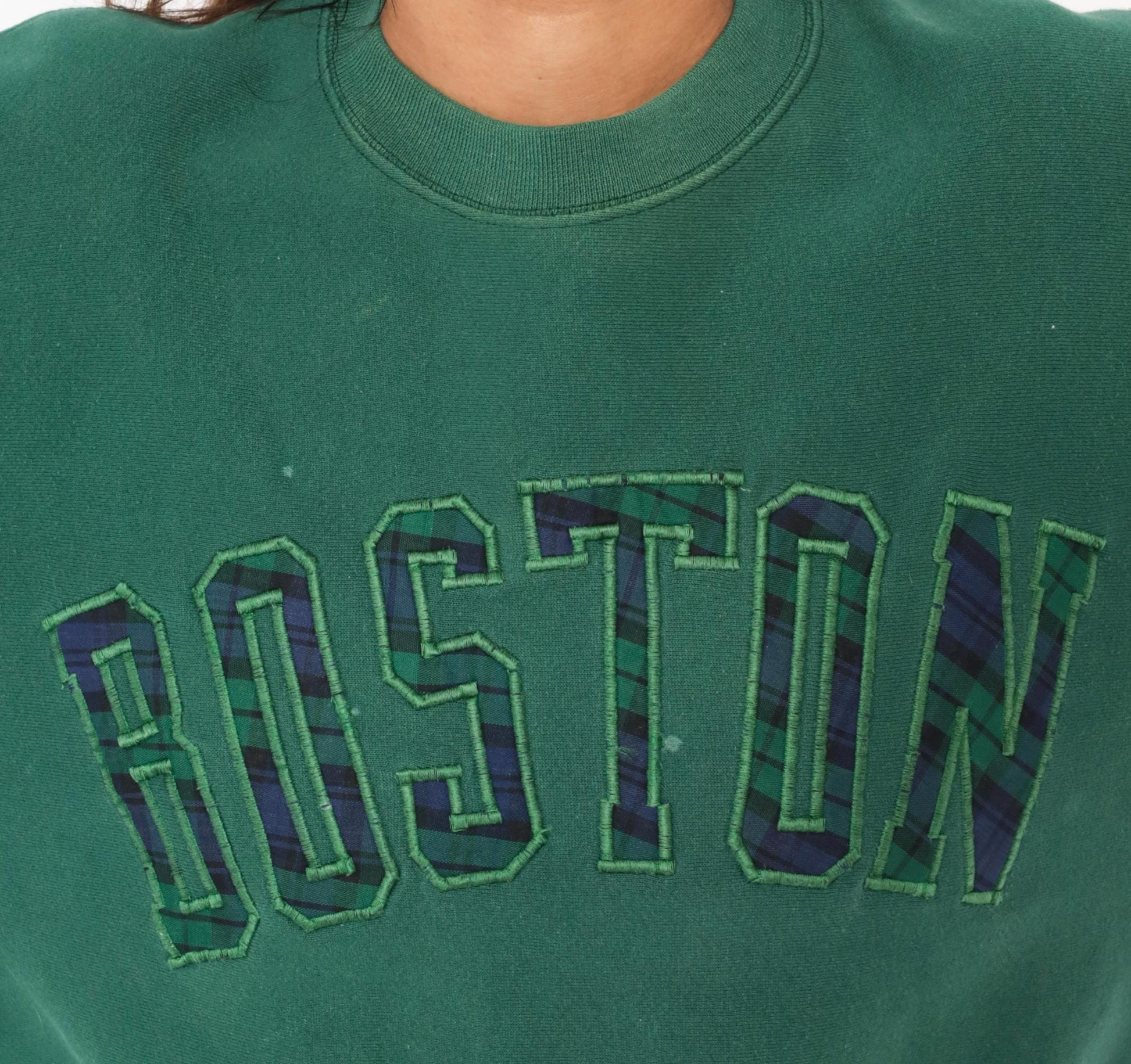 90s Boston Crewneck Sweatshirt Plaid Applique Forest Green Extra Large XL