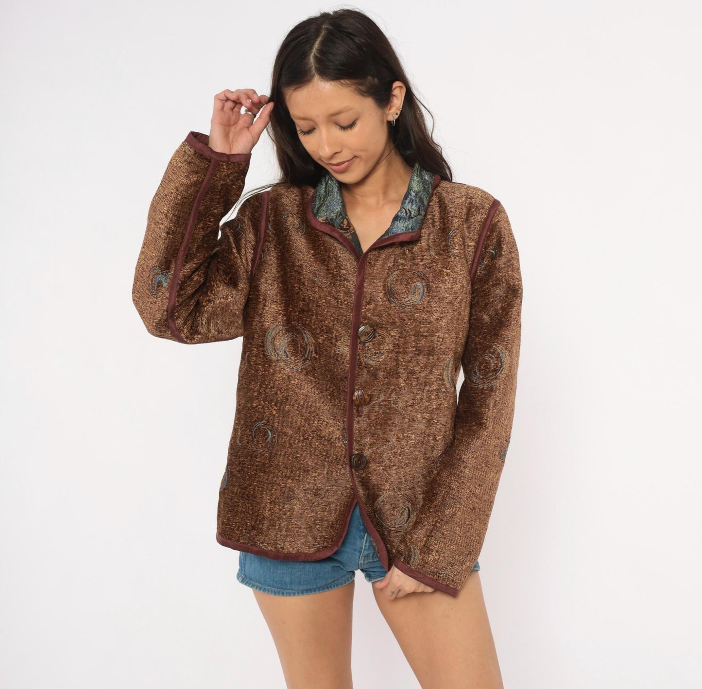 2000s Yak Magik Tapestry Blazer Woven Spiral Jacquard Blue Green Brown Extra Large XXL