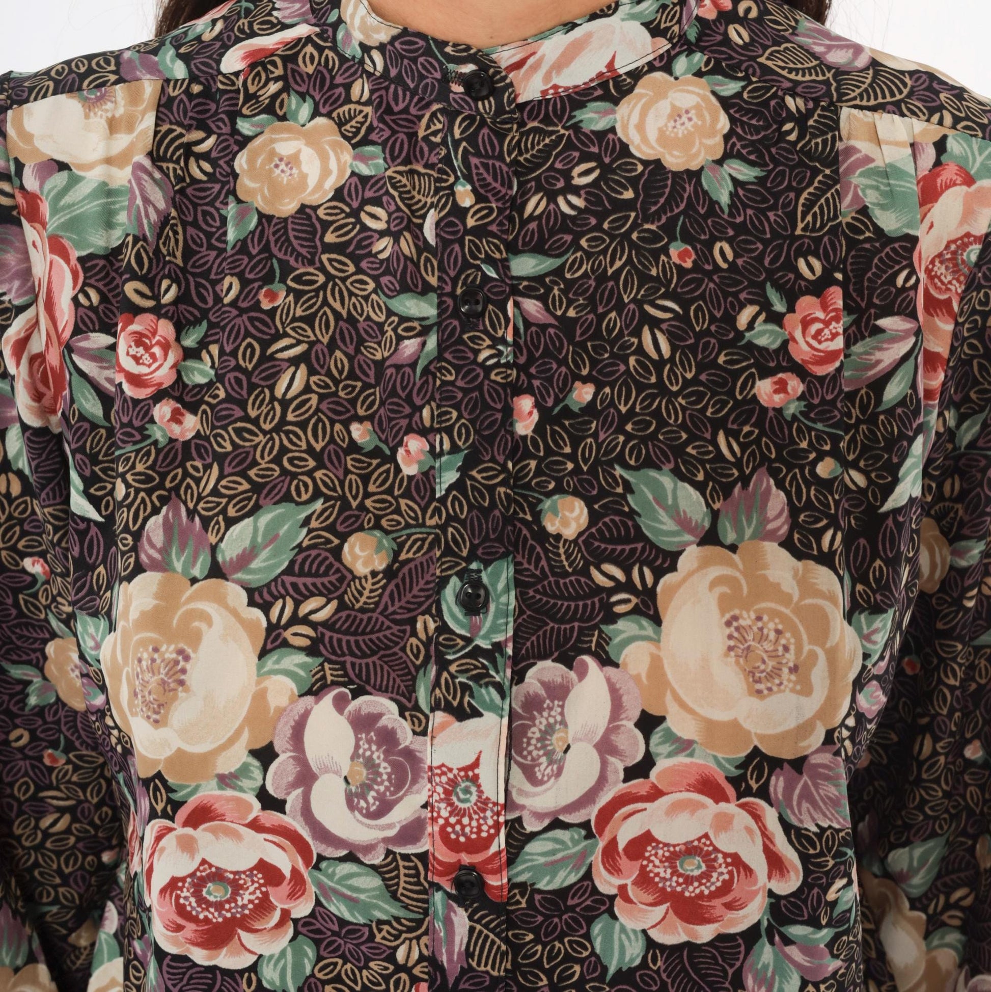 80s Elles Belles Floral Blouse Puff Shoulder Rose Print Plum Medium