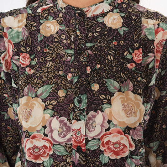 80s Elles Belles Floral Blouse Puff Shoulder Rose Print Plum Medium