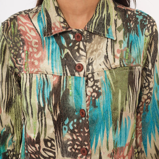 Y2K Sara Studio Animal Print Sequin Blouse Turquoise Olive Medium M