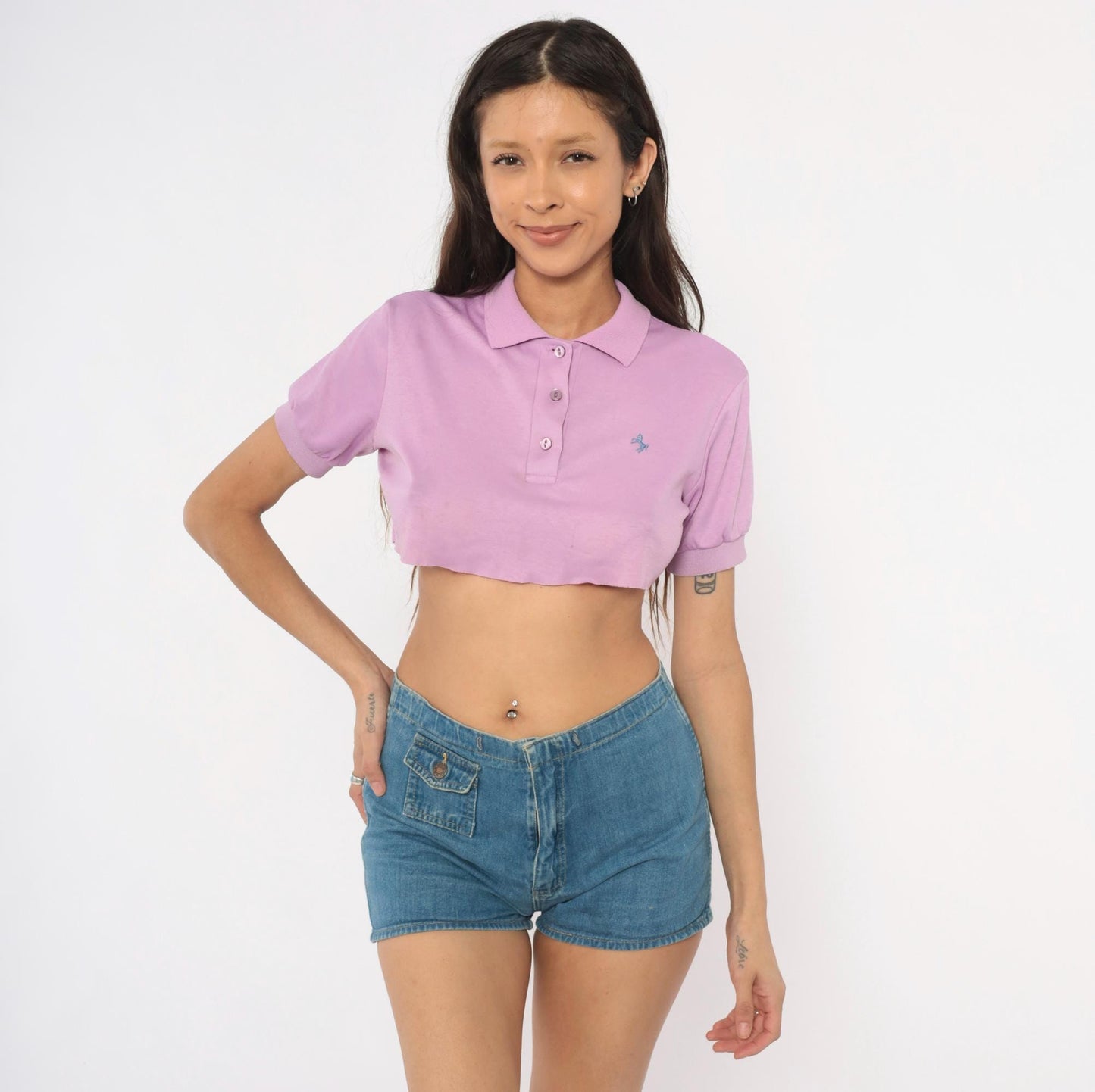 90s Lilac Cropped Polo Shirt Embroidered Horse Logo Cotton Small