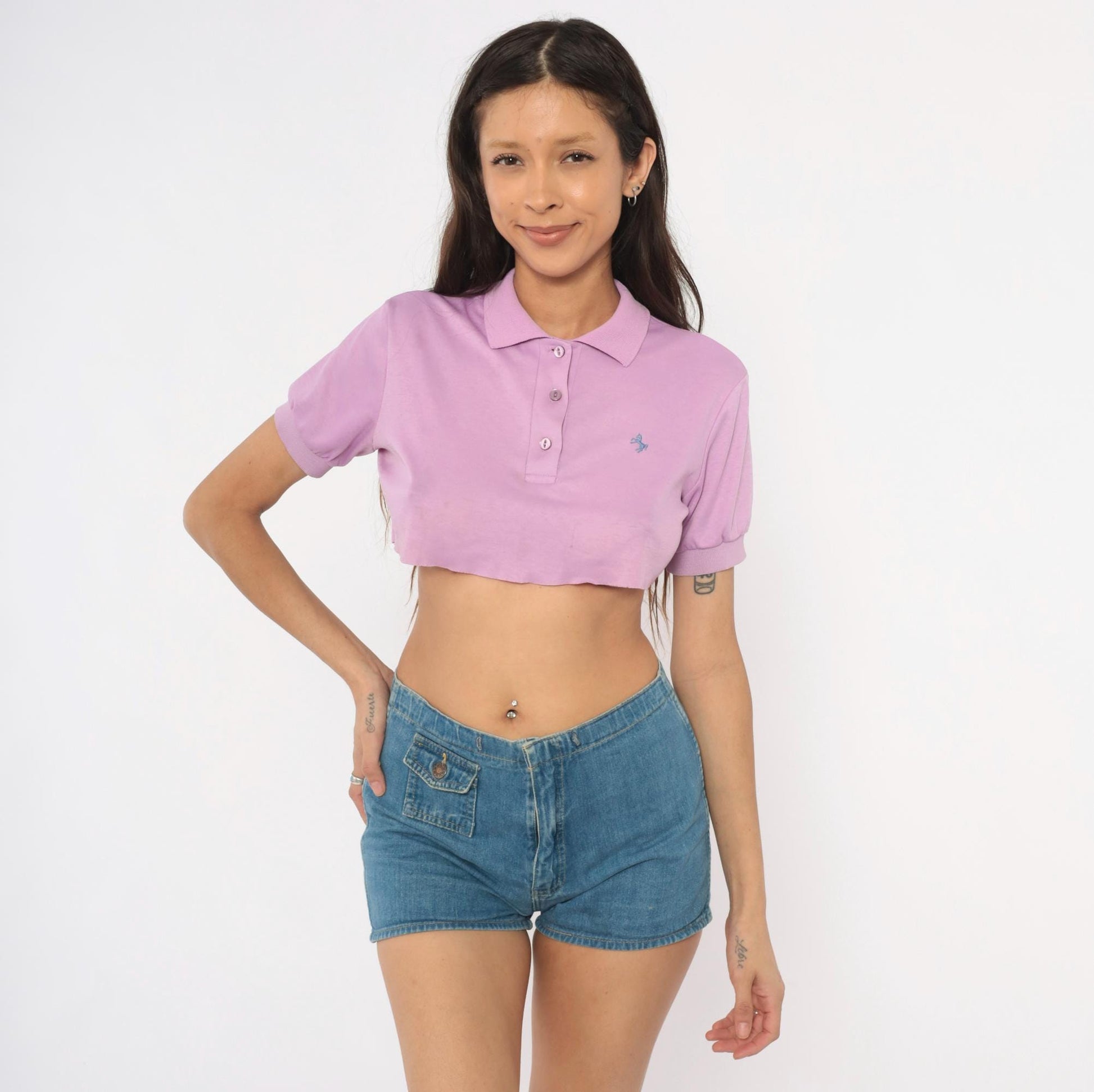 90s Lilac Cropped Polo Shirt Embroidered Horse Logo Cotton Small