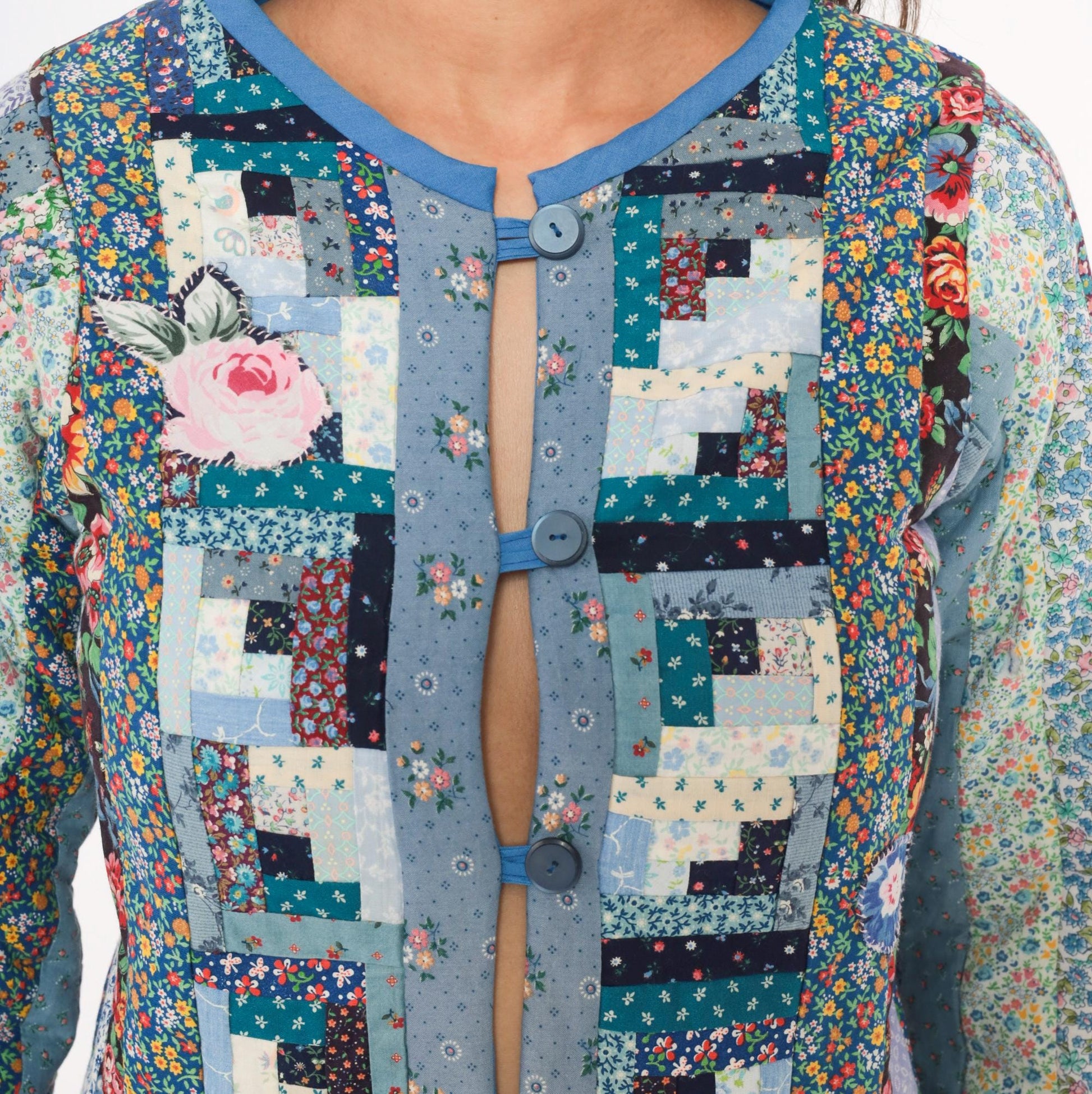 90s Calico Patchwork Quilted Jacket Log Cabin Floral Cotton Blue Navy Extra Small XS