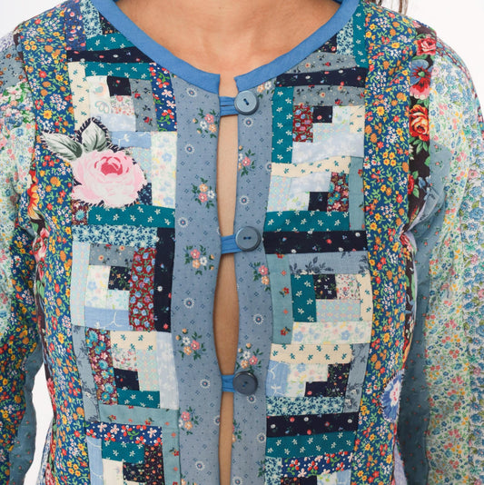 90s Calico Patchwork Quilted Jacket Log Cabin Floral Cotton Blue Navy Extra Small XS
