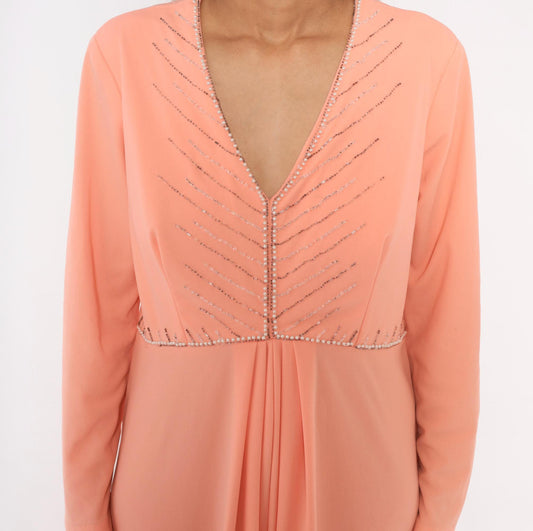 70s Peach Maxi Dress Empire Waist V Neck Beaded Chevron Rhinestone Extra Large