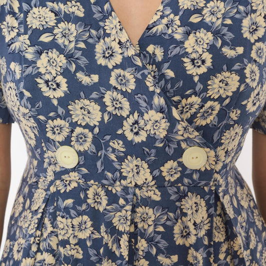 90s Jeffrey & Dara Floral Jumpsuit Cobalt Blue Wide Leg Wrap V Neck Medium M