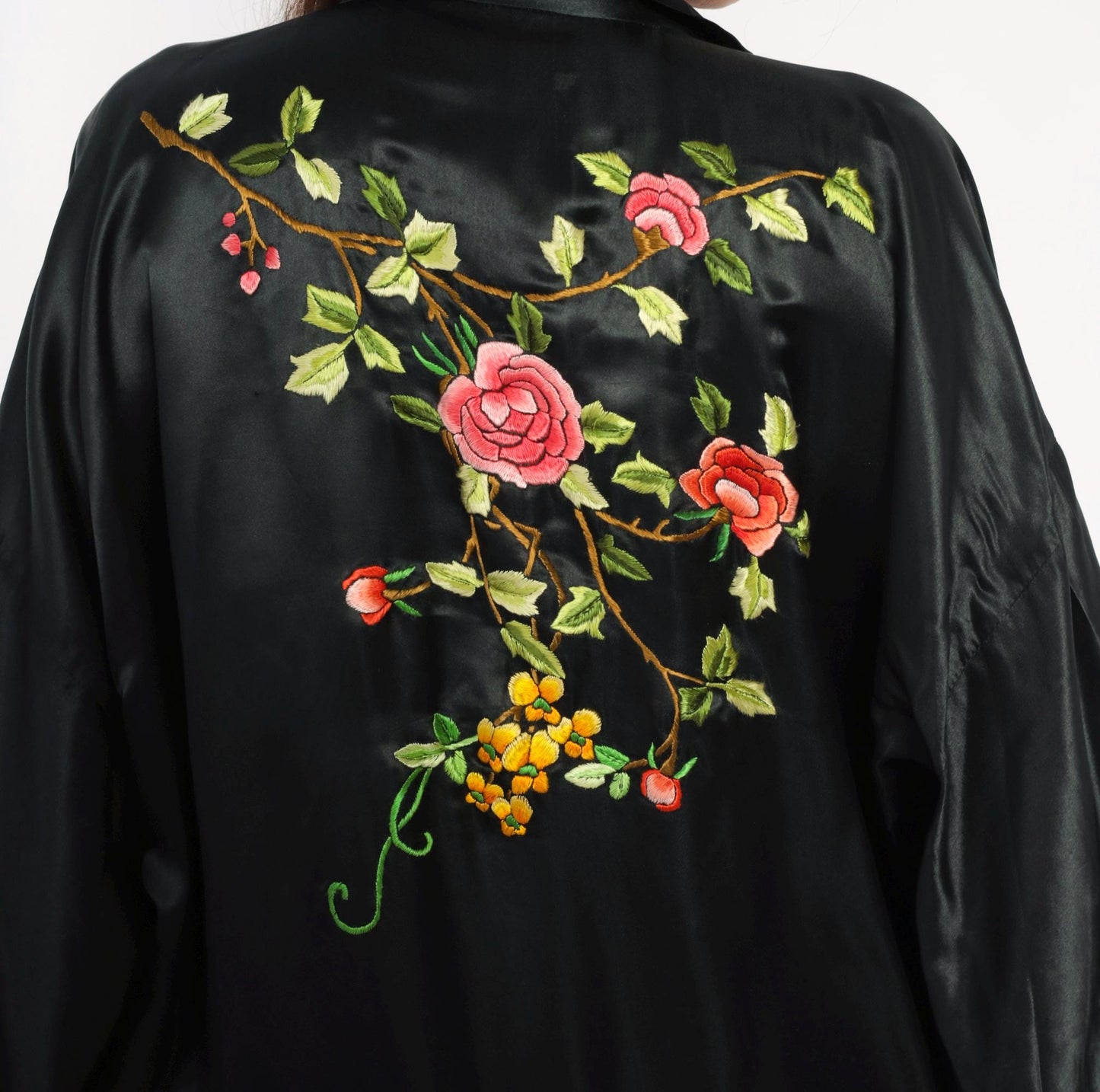 80s Xiangshan Yiyuan Black Silk Kimono Robe Embroidered Floral Maxi Extra Large