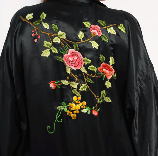 80s Xiangshan Yiyuan Black Silk Kimono Robe Embroidered Floral Maxi Extra Large