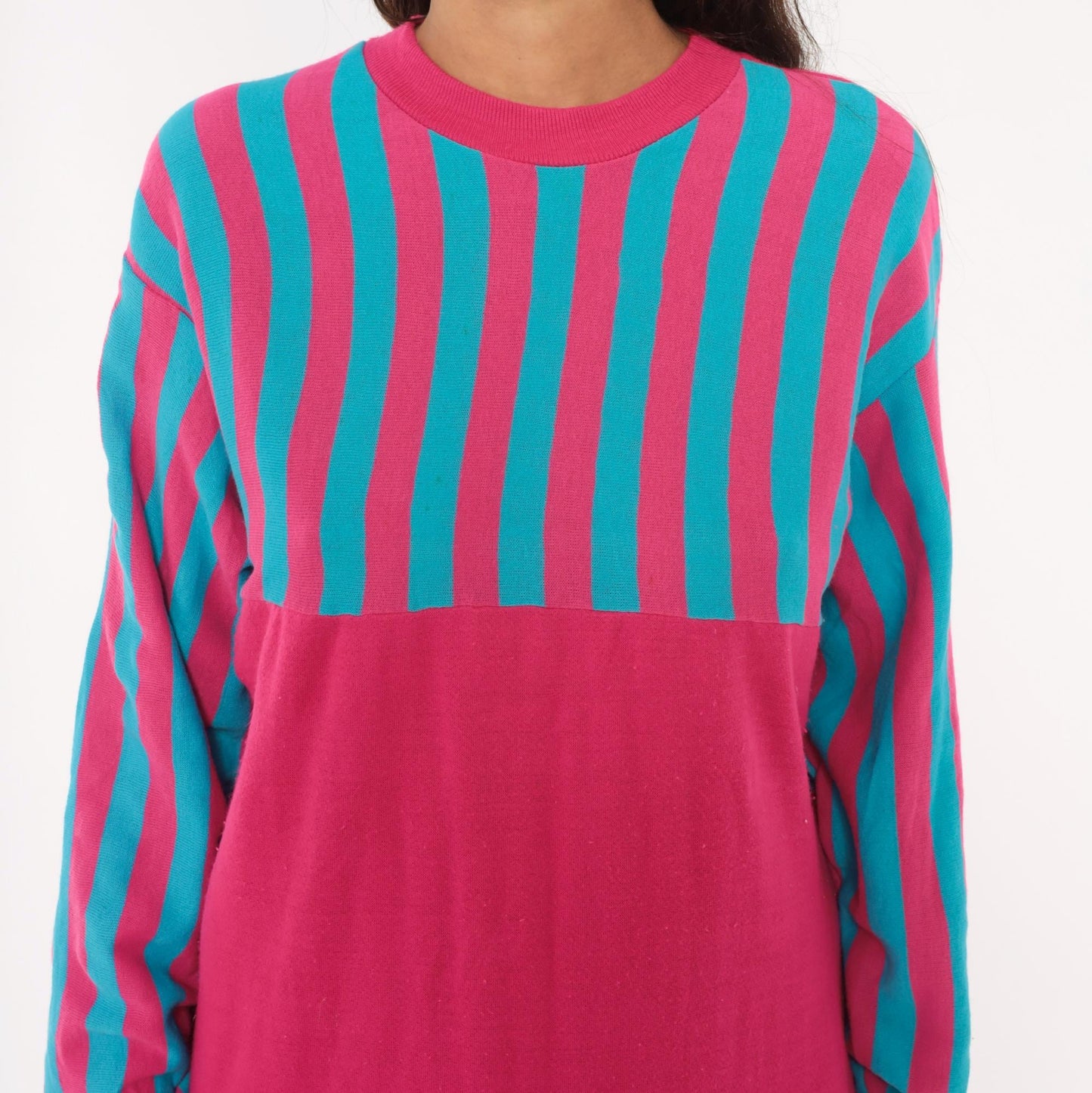 80s Sleep Mates Striped Sweatshirt Dress Hot Pink Teal Knee-Length Small