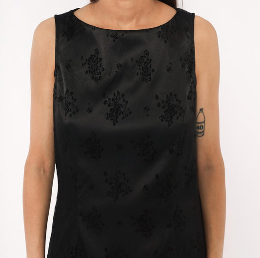 90s City Triangles Black Damask Floral Jacquard Mini Dress Boat Neck Large L