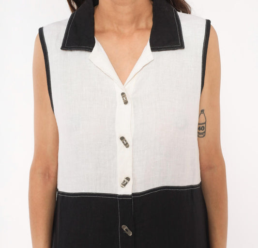 90s Nannette Keller Color Block Maxi Dress Black White Linen Cotton Medium M