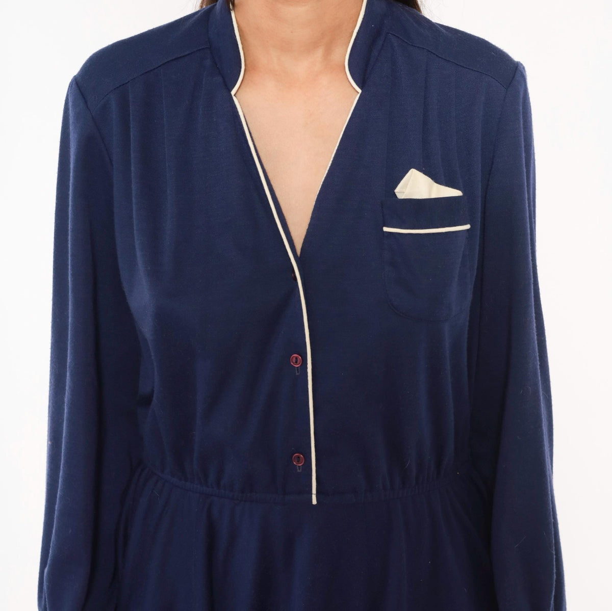 80s Ms. Sugar Navy Cotton Dress V-Neck Button Front Blouson Sleeve Medium Large