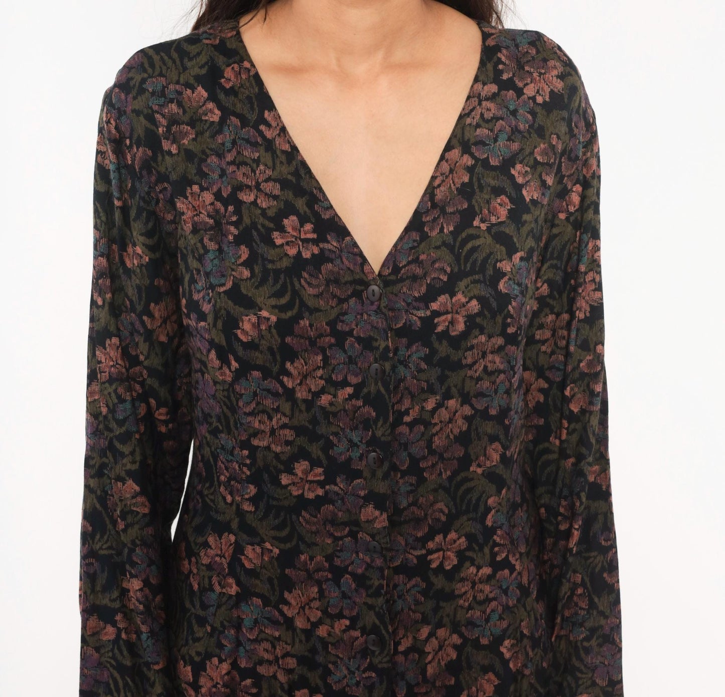 90s Dark Floral Midi Dress V-Neck Button Front Long Sleeve Black Large L