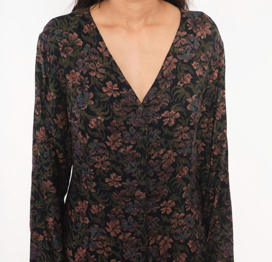 90s Dark Floral Midi Dress V-Neck Button Front Long Sleeve Black Large L