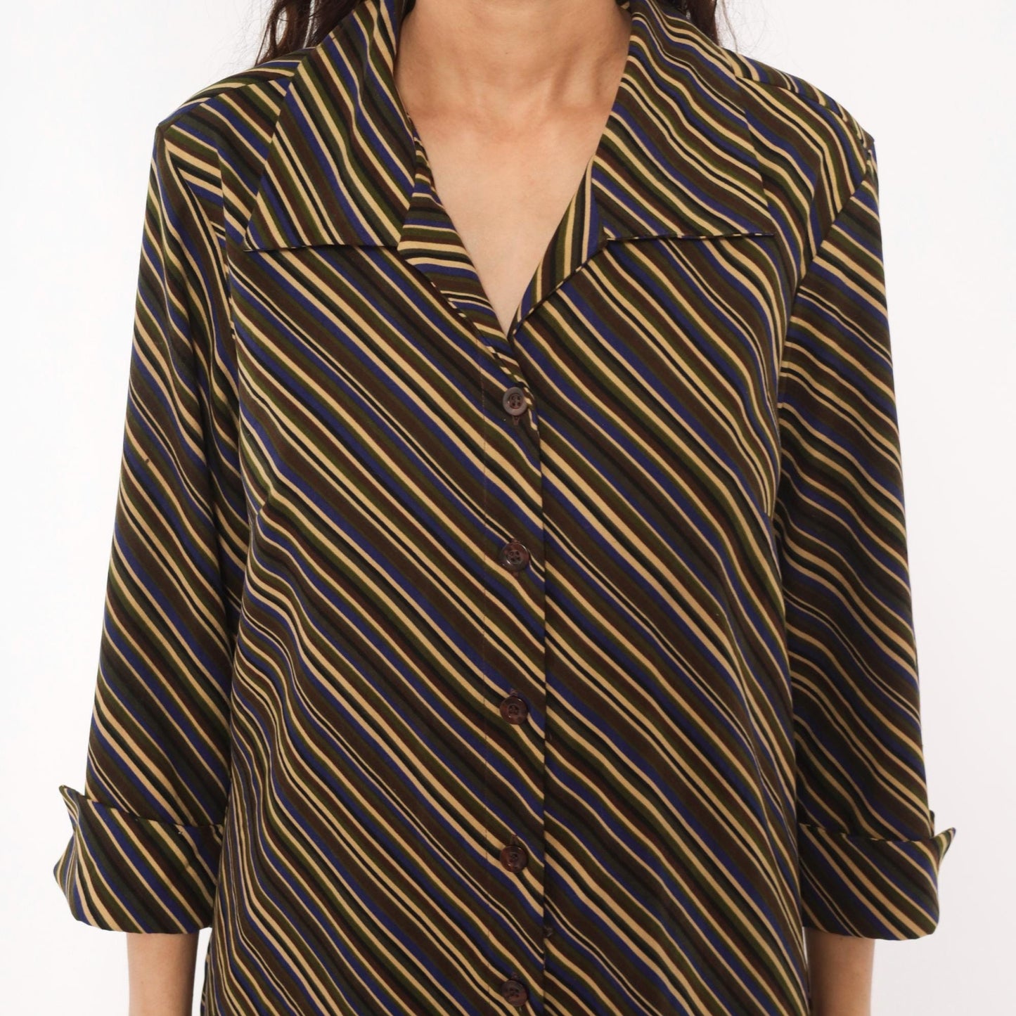 Y2K Selene Sport Striped Shirt Dress Olive Navy Gold Mini Medium M
