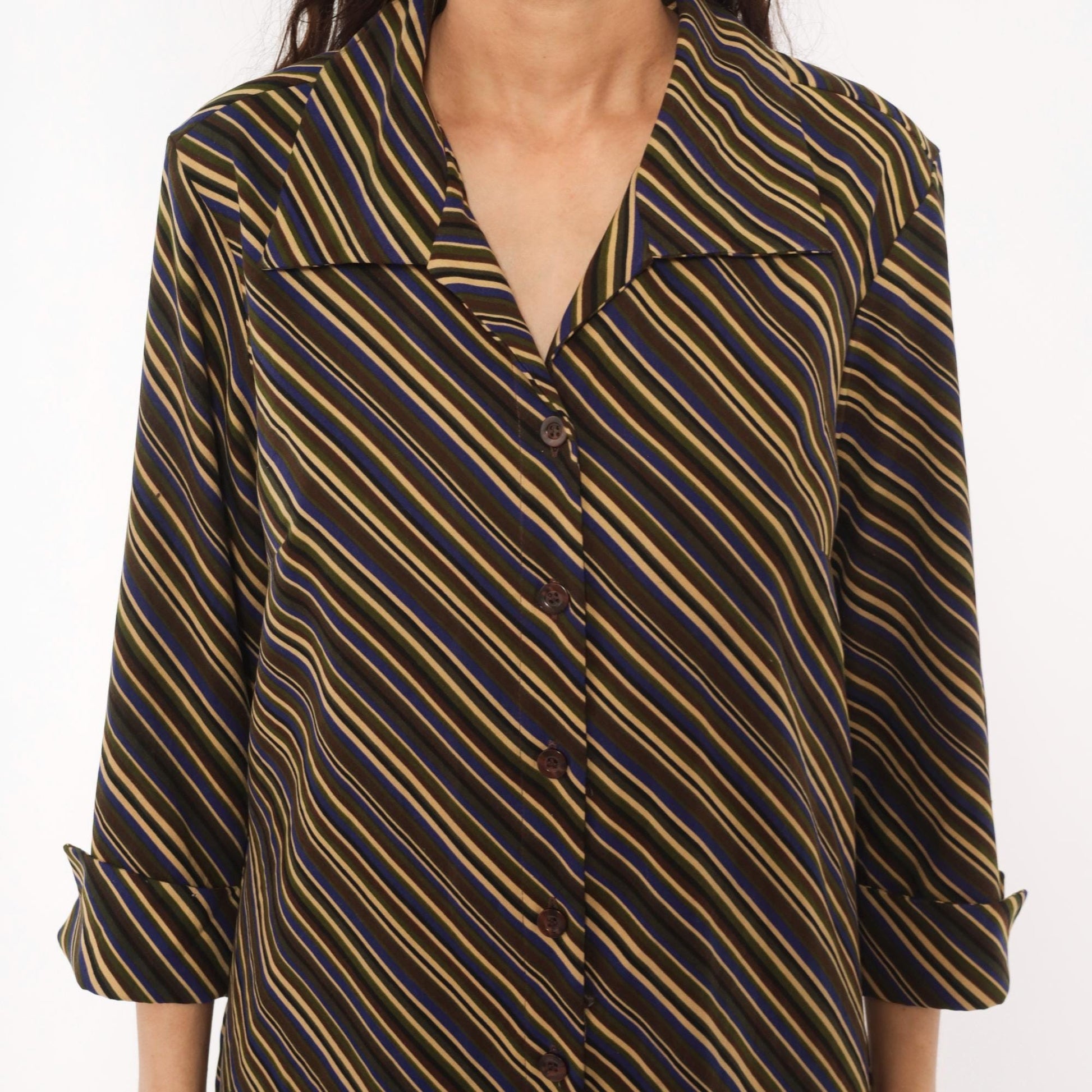Y2K Selene Sport Striped Shirt Dress Olive Navy Gold Mini Medium M