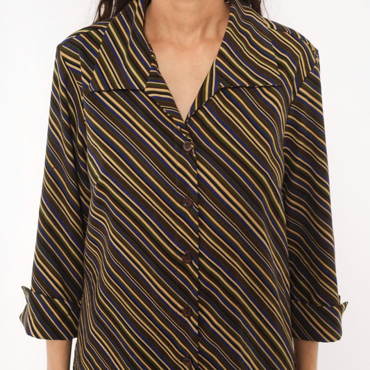 Y2K Selene Sport Striped Shirt Dress Olive Navy Gold Mini Medium M