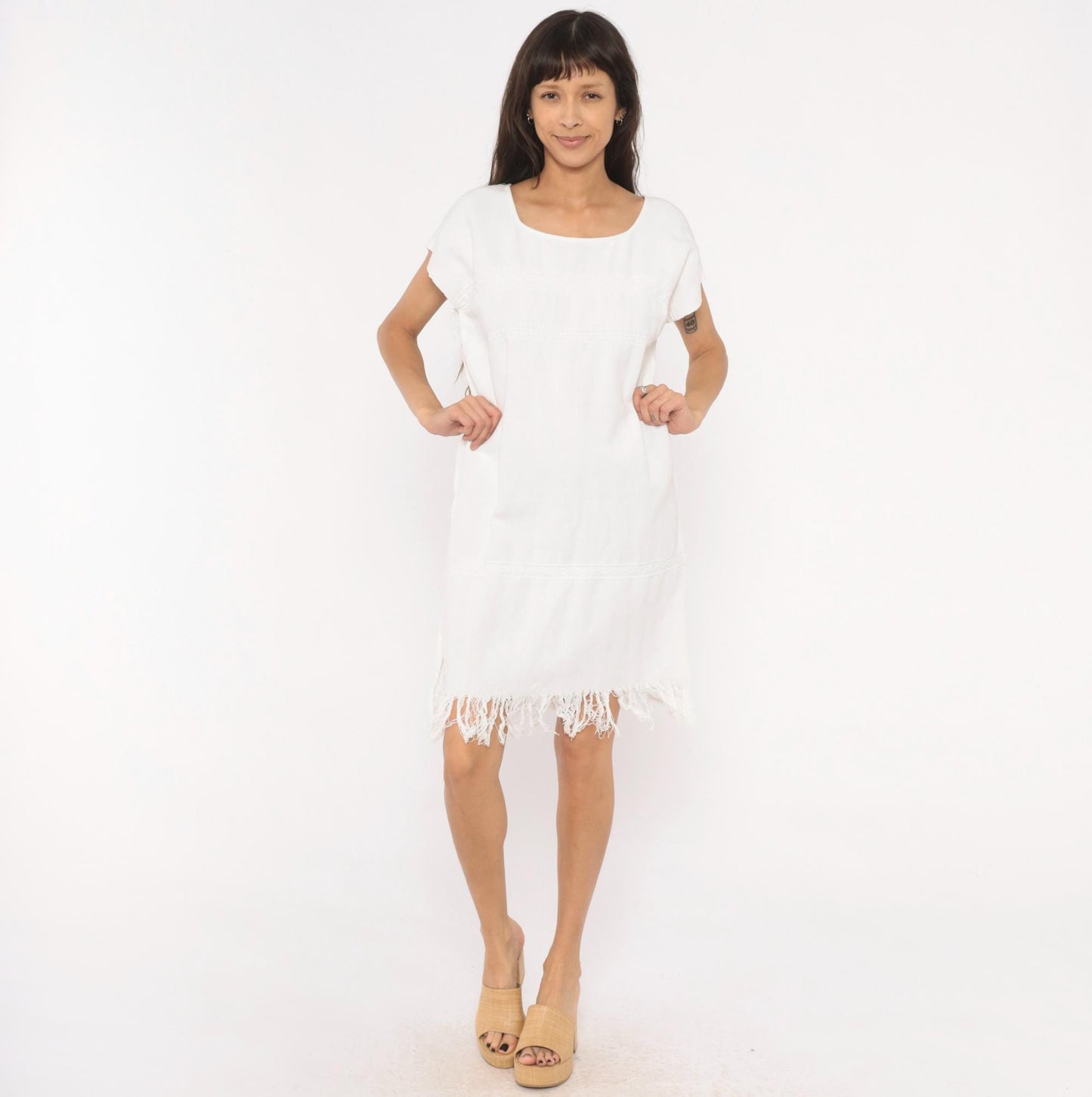 90s Buonarroti White Cotton Handwoven Shift Dress Fringe Hem Medium M