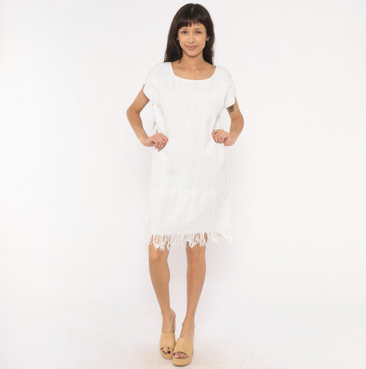 90s Buonarroti White Cotton Handwoven Shift Dress Fringe Hem Medium M