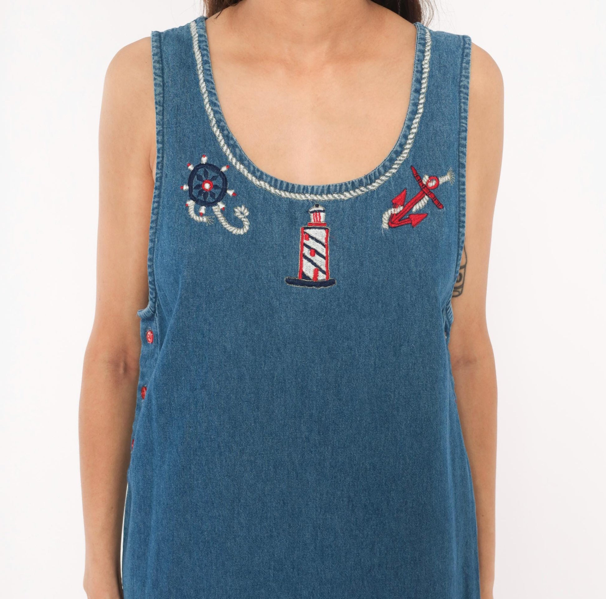90s Keren Hart Nautical Denim Maxi Dress Embroidered Lighthouse Anchor Medium M