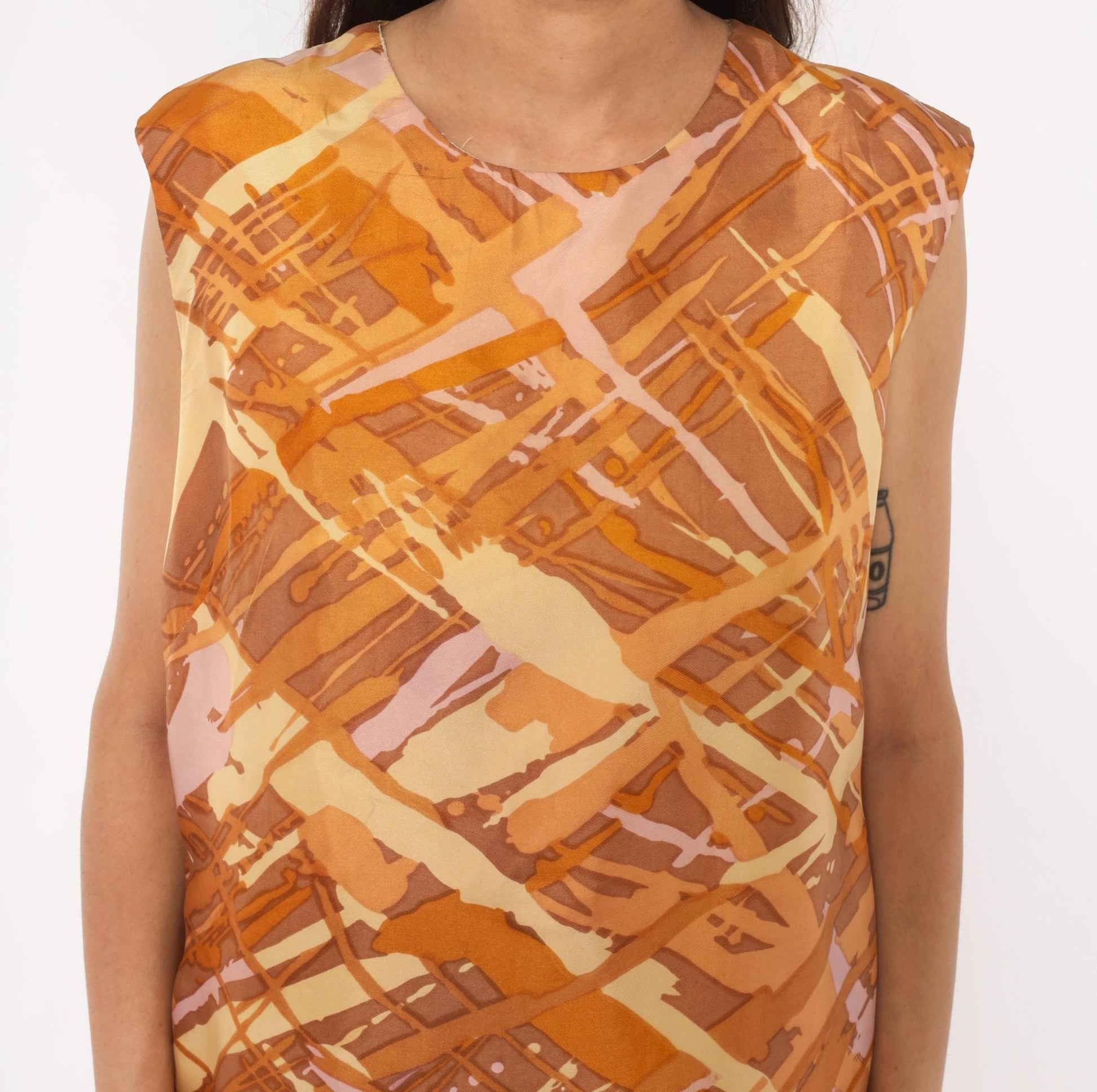 60s Mod Abstract Brushstroke Shift Dress Sleeveless Knee-Length Orange Brown Large L