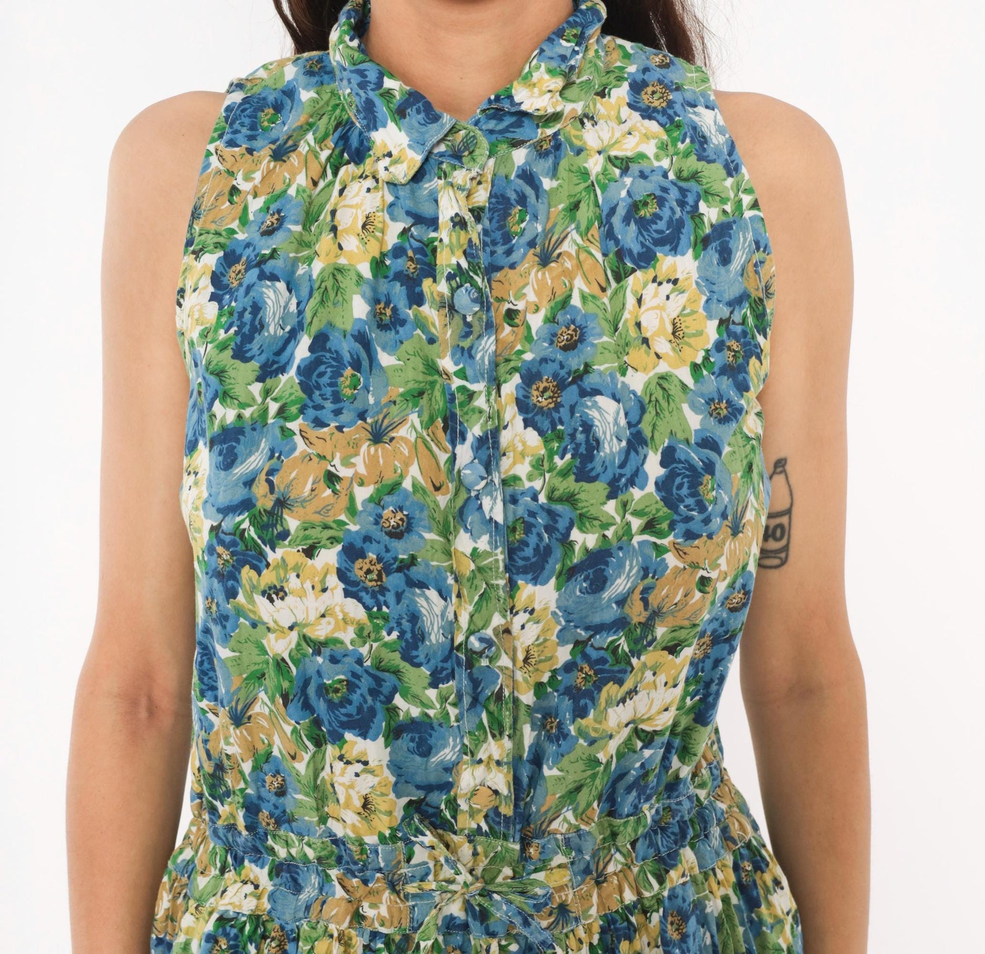 90s Penbrooke Lane Floral Shirtdress Midi Collared Sleeveless Blue Rose Medium M