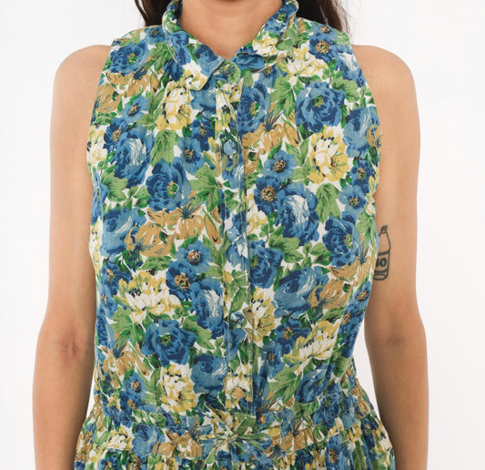 90s Penbrooke Lane Floral Shirtdress Midi Collared Sleeveless Blue Rose Medium M