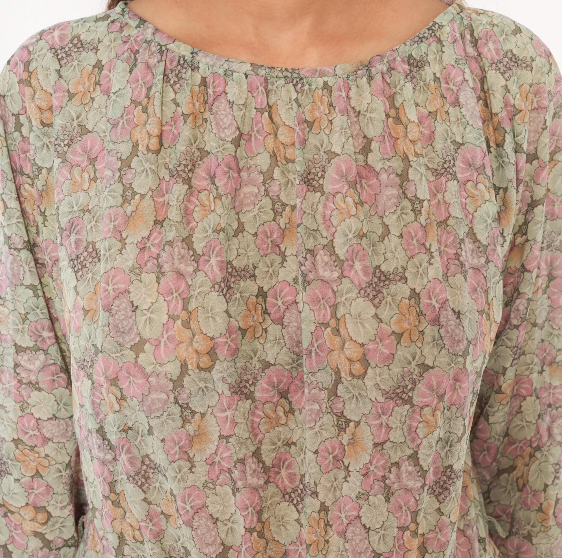 70s Bleeker Petites Floral Blouson Dress Pink Sage Green Tie Sleeve Small Medium